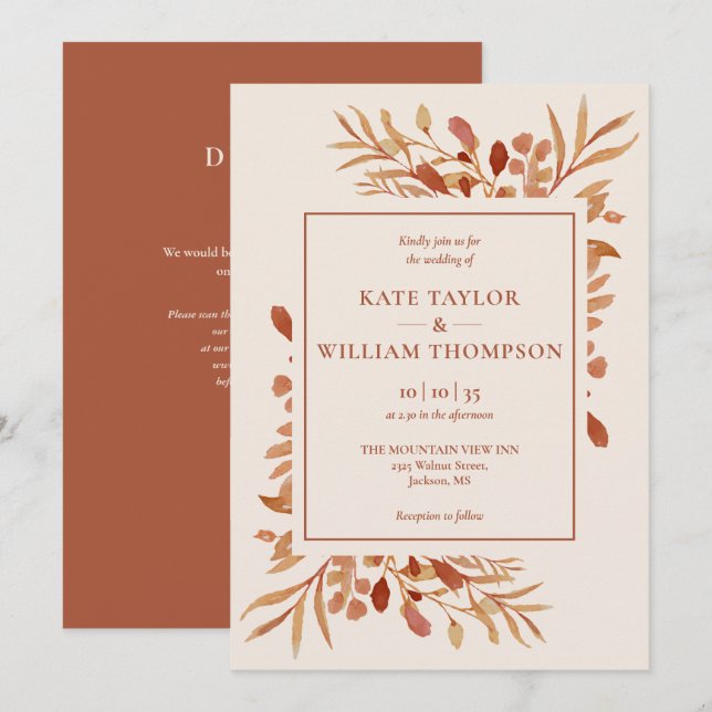 Invitation Mariage à code QR terracotta automne rustique (Devant / Derrière)