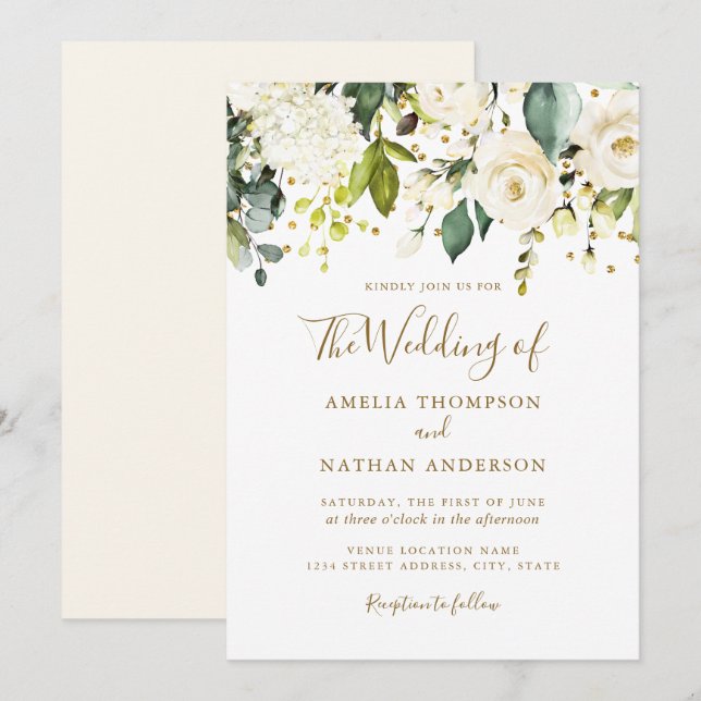 Invitation Mariage à confettis dorés et floraux blancs (Devant / Derrière)