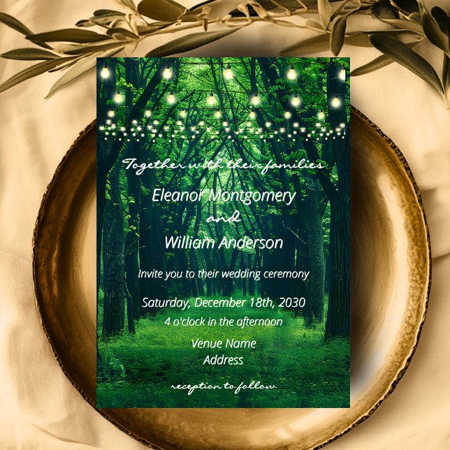 Invitation Mariage à cordes d'or de la forêt d'Imaginaires (Fantasy Forest Golden String Lights Wedding Invitation)