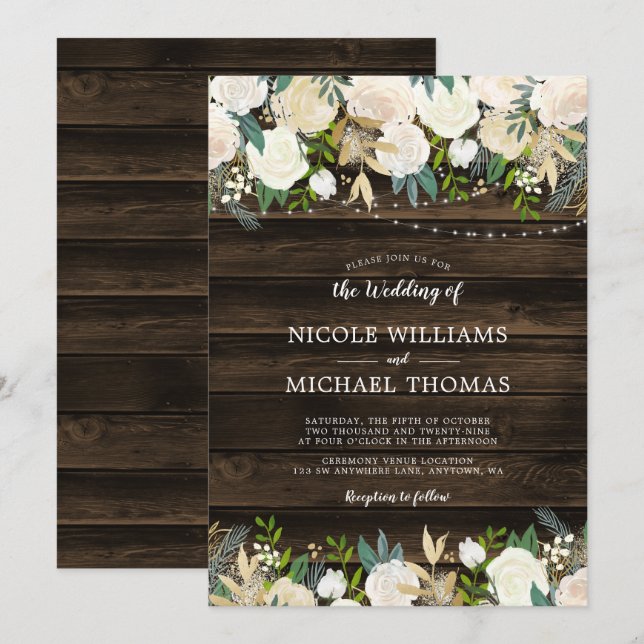 Invitation Mariage à cordes florales blanches rustiques (Devant / Derrière)
