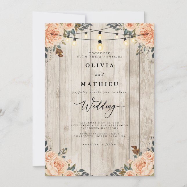 Invitation Mariage à cordes florales de Pêche rustique (Devant)