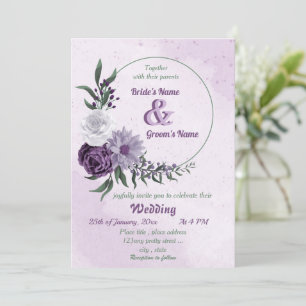 Invitation mariage à couronne fleurie violette et blanche
