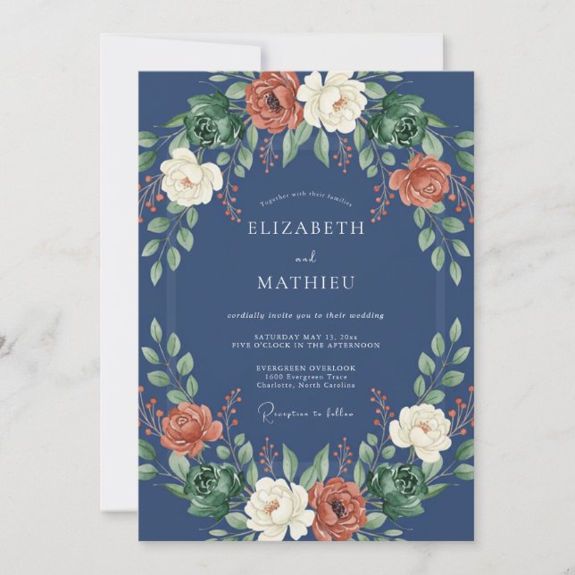 Invitation Mariage à couronne florale bleu marine (Devant)
