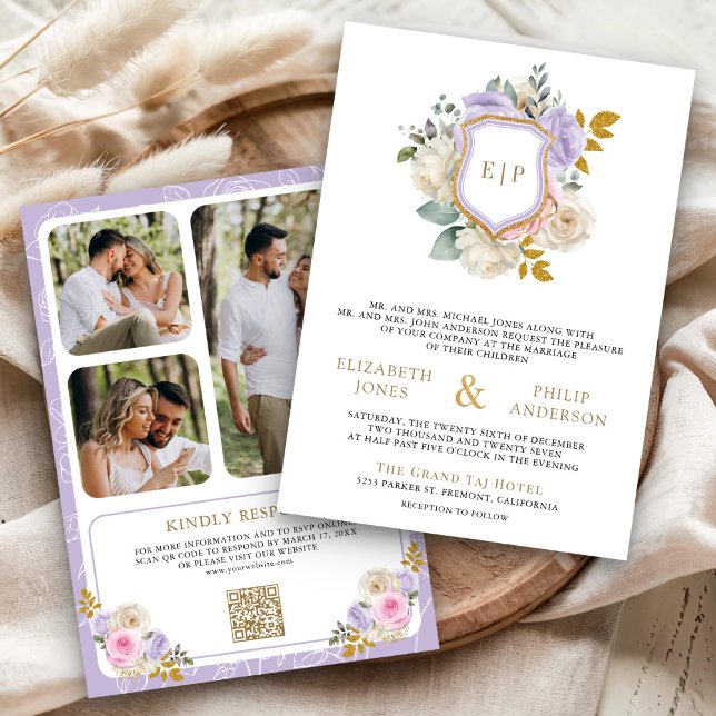 Invitation Mariage à crête de code QR floral rose pastel viol (Créateur téléchargé)