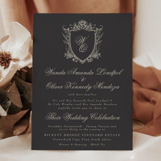 Invitation Mariage à crête florale en monogramme classique Ch (Créateur téléchargé)