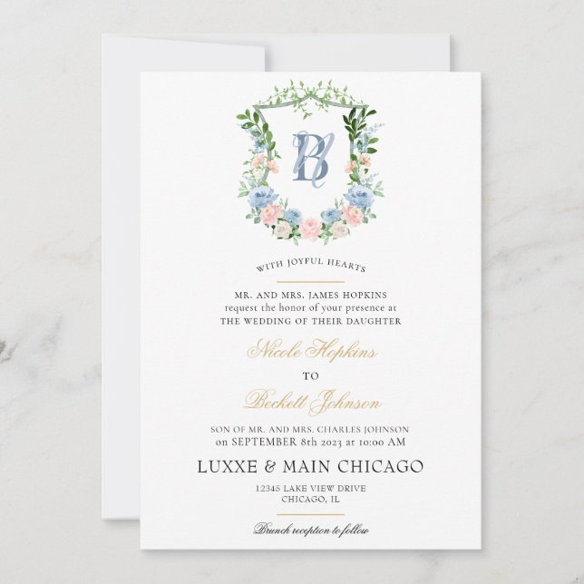 Invitation Mariage à Crête Florale Rose (Devant)