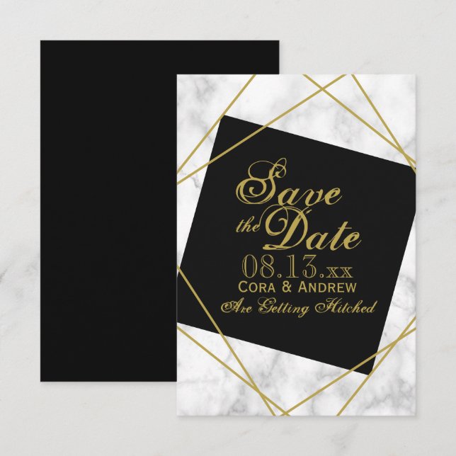 Invitation Mariage à date fixe Marbre Noir et Or Faux (Devant / Derrière)