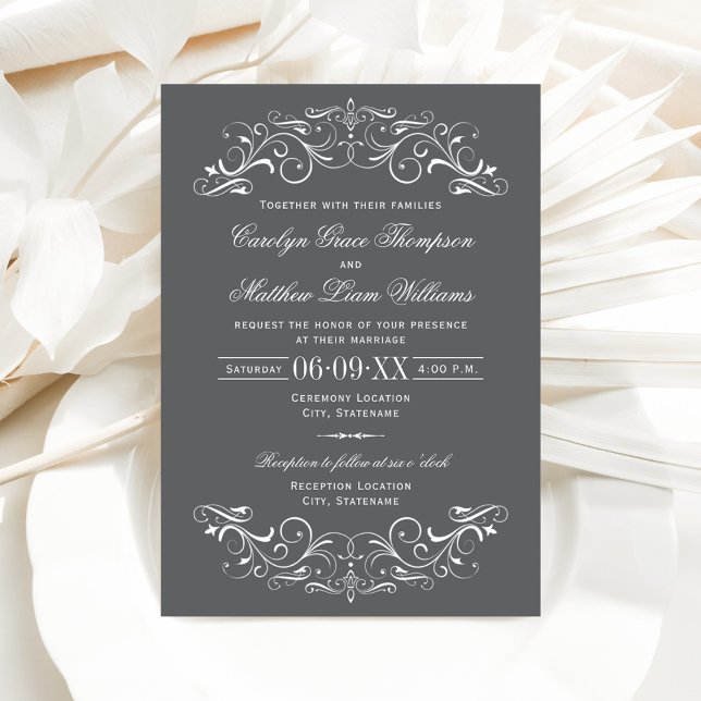 Invitation Mariage à défilement orné gris et blanc (Créateur téléchargé)