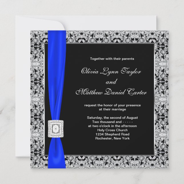 Invitation Mariage à dentelle noire bleu royal (Devant)