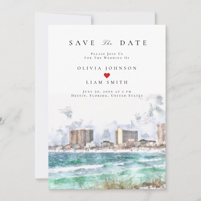 Invitation Mariage à Destin Floride Aquarelle Save the Date (Devant)