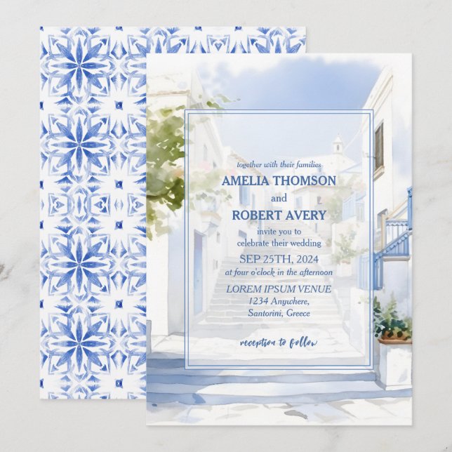 Invitation Mariage à destination à Santorin en Grèce à l'aqua (Devant / Derrière)