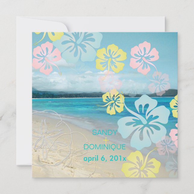 Invitation Mariage à destination sur une plage de sable avec  (Devant)