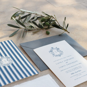 Invitation Mariage à dos rayé avec blason floral bleu élégant