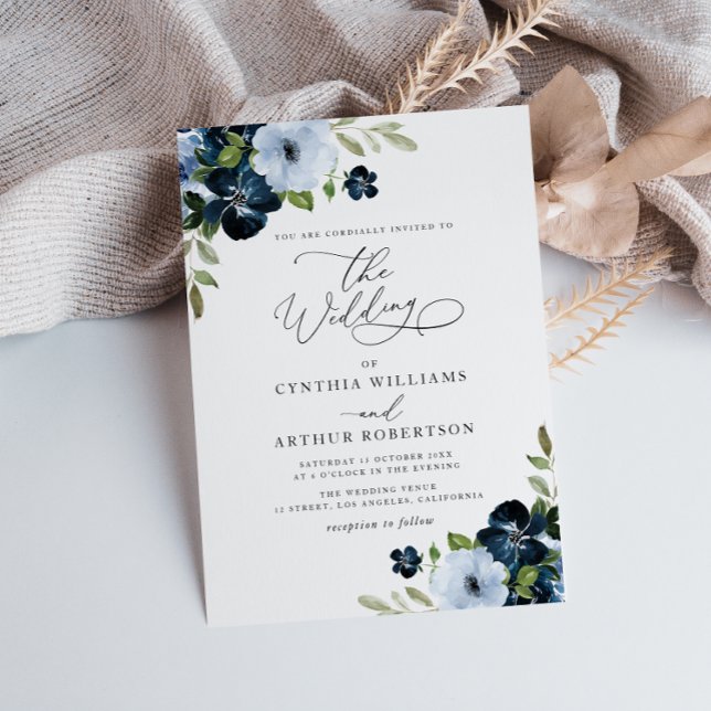 Invitation Mariage à écriture florale bleu clair et marine te (Créateur téléchargé)