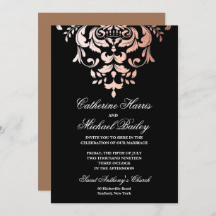 Invitation Mariage à faux feuillet Rose Gold et Black Demask
