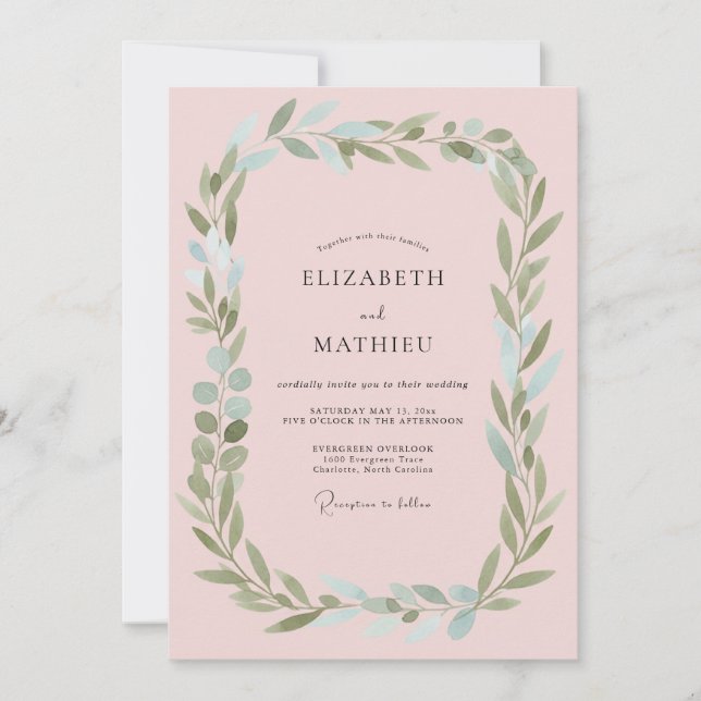 Invitation Mariage à feuillage éthéré rose tendre (Devant)