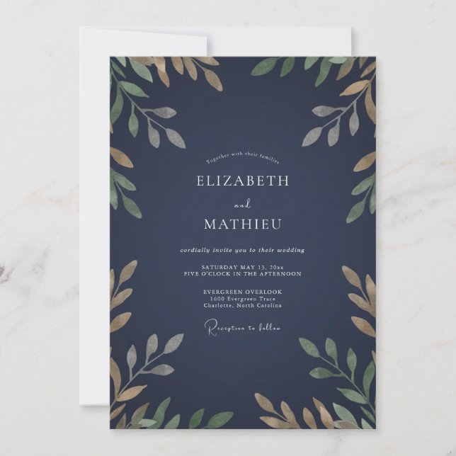 Invitation Mariage à Feuille d'Or de Minuit (Devant)