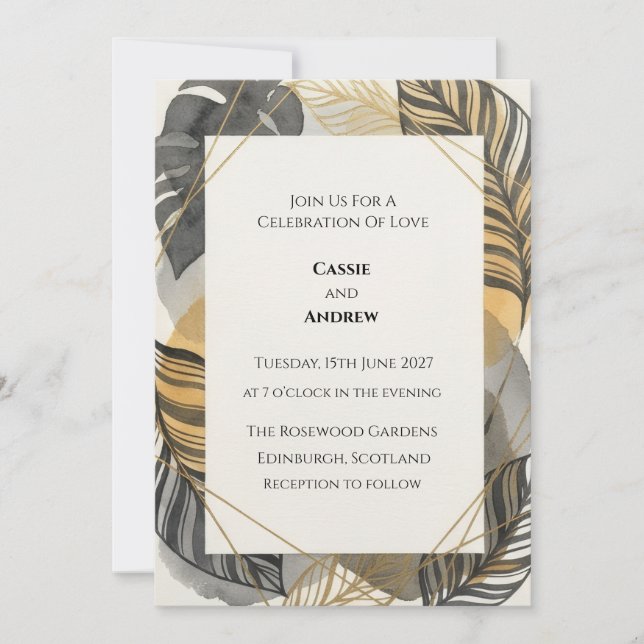Invitation Mariage à Feuille Tropicale Or Noir (Devant)