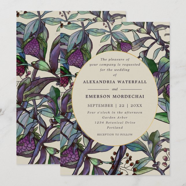 Invitation mariage à feuilles florales de prune mauve moderne (Devant / Derrière)