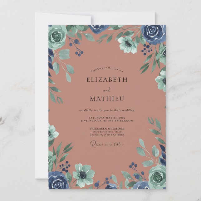 Invitation Mariage à Feuilles Indigo en Terre (Devant)