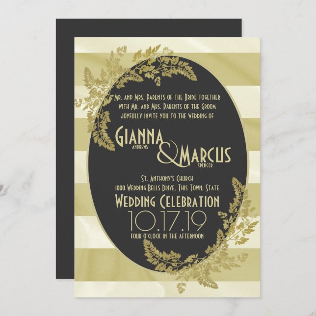 Invitation Mariage à feuilles modernes et à feuilles d'or (Devant / Derrière)