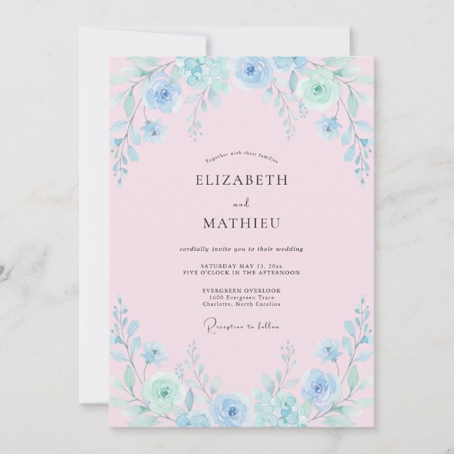 Invitation Mariage à Fleur de Pinceau Bleu Clair (Devant)