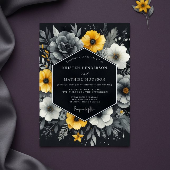Invitation Mariage à Fleur Jaune Charbon (Créateur téléchargé)