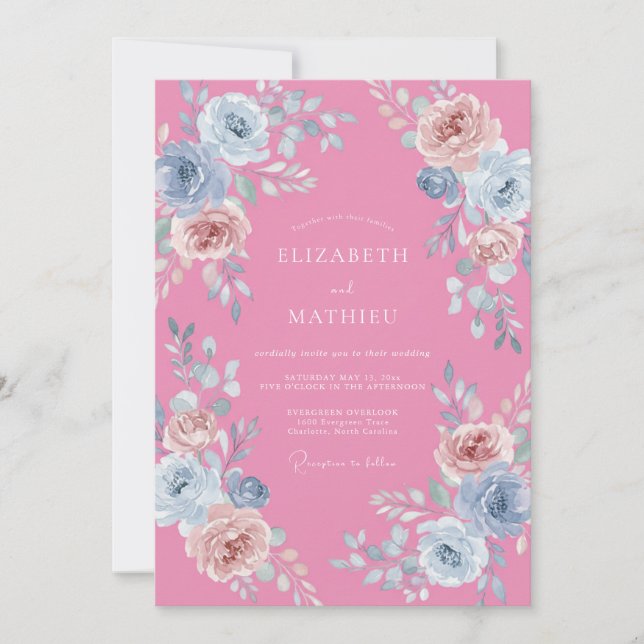 Invitation Mariage à Fleur Rose Dorée (Devant)