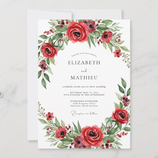 Invitation Mariage à Fleur Rouge en Fleurs (Devant)