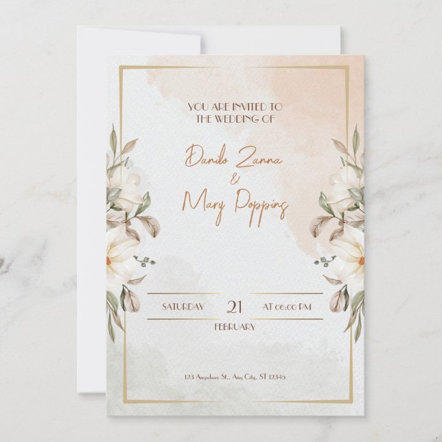 Invitation Mariage à fleurs beige (Devant)
