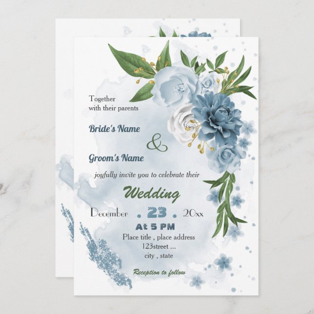 Invitation mariage à fleurs bleu romantique (Devant / Derrière)