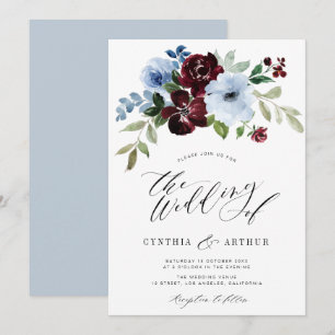 Invitation mariage à fleurs bleues bordeaux