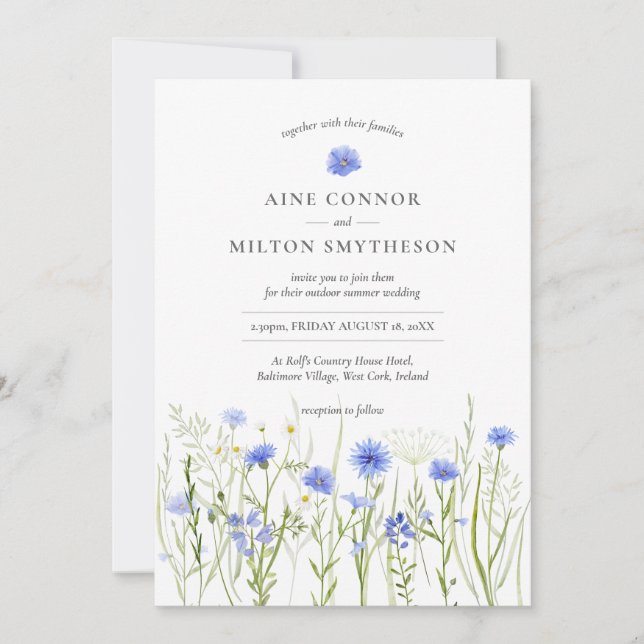 Invitation Mariage à fleurs bleues, thème fleur sauvage été | (Devant)