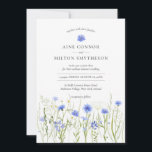 Invitation Mariage à fleurs bleues, thème fleur sauvage été |<br><div class="desc">Une faire-part de mariage à thème avec un enchevêtrement de fleurs de prairie bleu et mauve sauvage apparaît sur cette carte informelle unique. Doté de nos propres illustrations de fleur de maïs, de lin et de milkwort avec un spray de marguerite chamomile, il est parfait pour les couples qui choisissent...</div>