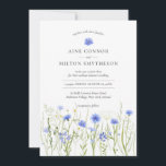 Invitation Mariage à fleurs bleues, thème fleur sauvage été |<br><div class="desc">Une faire-part de mariage à thème avec un enchevêtrement de fleurs de prairie bleu et mauve sauvage apparaît sur cette carte informelle unique. Doté de nos propres illustrations de fleur de maïs, de lin et de milkwort avec un spray de marguerite chamomile, il est parfait pour les couples qui choisissent...</div>