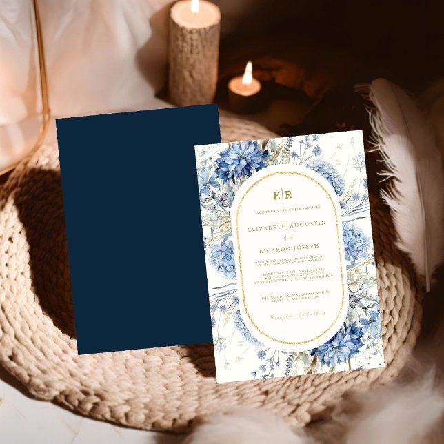 Invitation Mariage à fleurs de printemps bleu bleu marine Dus (Créateur téléchargé)