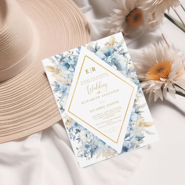 Invitation Mariage à fleurs de printemps bleu bleu marine Dus (Créateur téléchargé)