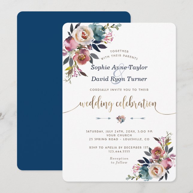 Invitation Mariage à fleurs dorées bleu rose rose (Devant / Derrière)