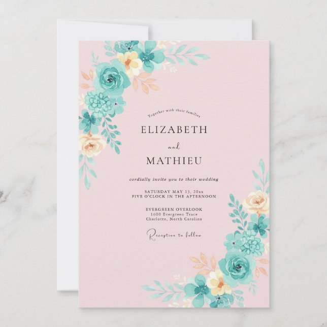 Invitation Mariage à Fleurs en Teinte Cyan avec Coup de Pince (Devant)