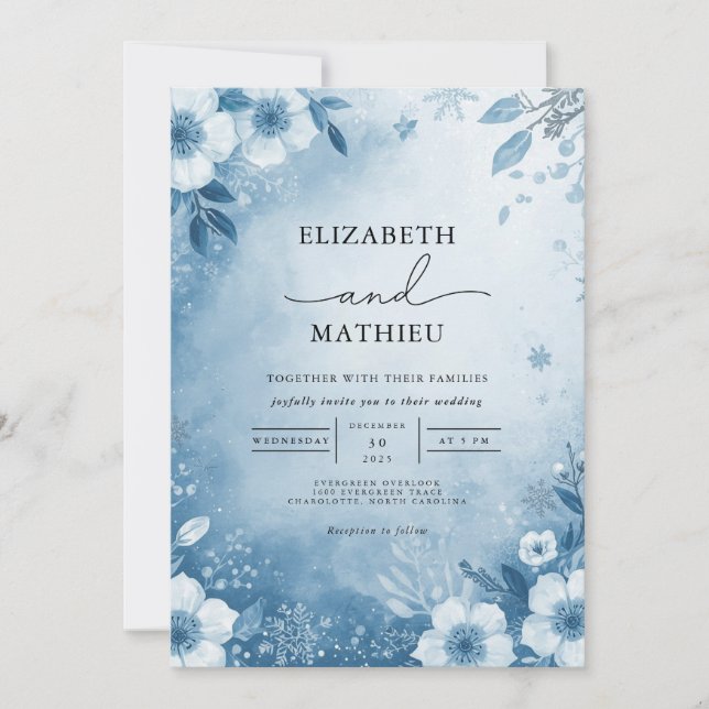 Invitation Mariage à fleurs florales bleues gelées (Devant)