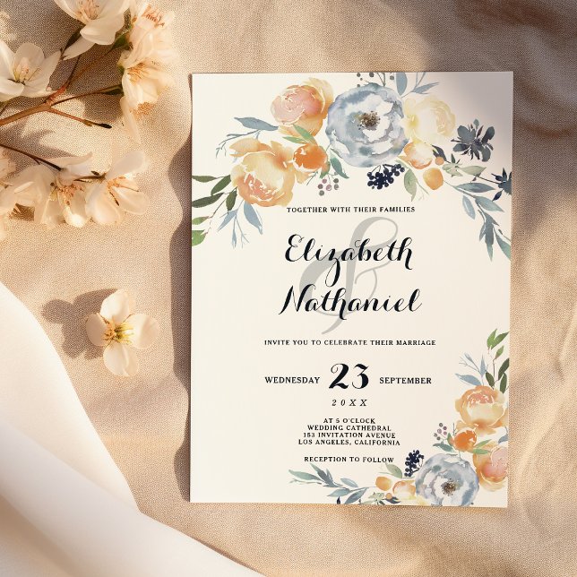 Invitation Mariage à fleurs gris orange blanc et champêtre (Country chic gray orange white floral wedding)