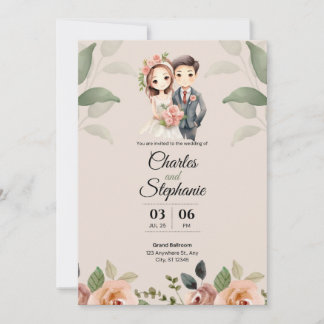 Invitation Mariage à fleurs illustrées beige