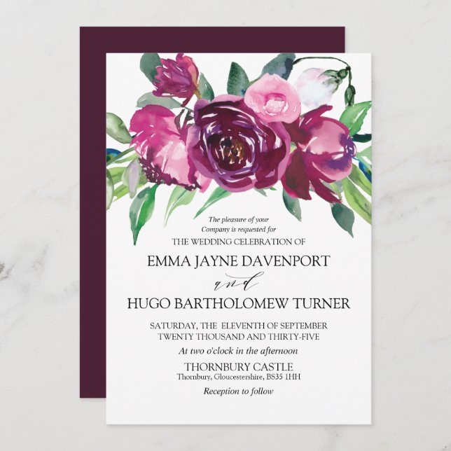 Invitation Mariage à fleurs magenta et rose (Devant / Derrière)