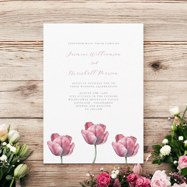 Invitation mariage à fleurs minimes élégant (elegant dusty pink simple floral fully editable wedding invitation )