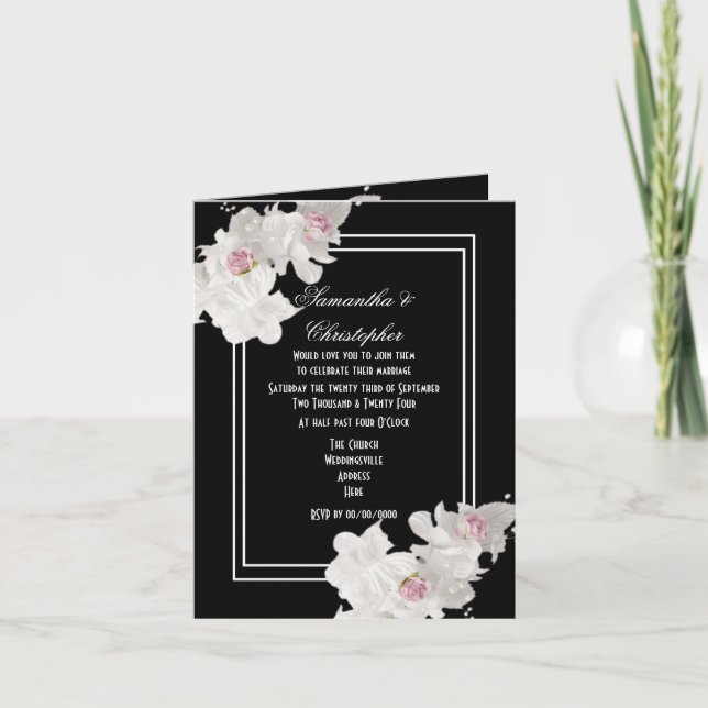 Invitation Mariage à fleurs noir et blanc (Devant)