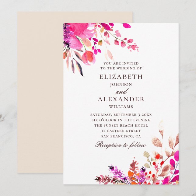 Invitation Mariage à fleurs rose aquarelle. Jardin botanique (Devant / Derrière)