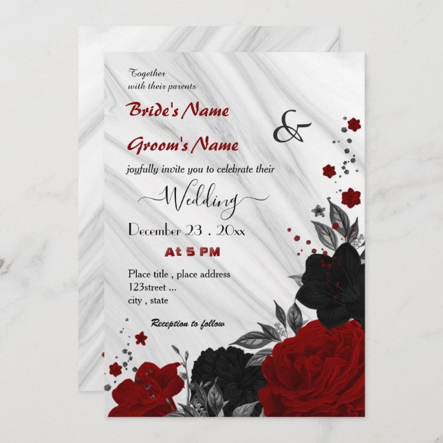 Invitation mariage à fleurs rouges et noires (Devant / Derrière)