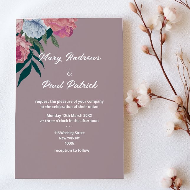 Invitation Mariage à fleurs violet vert foncé (Country dark green pink purple floral Wedding )