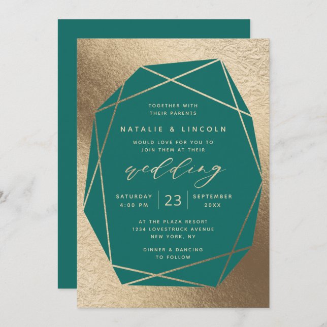 Invitation Mariage à gemstone Turquoise vert et or (Devant / Derrière)