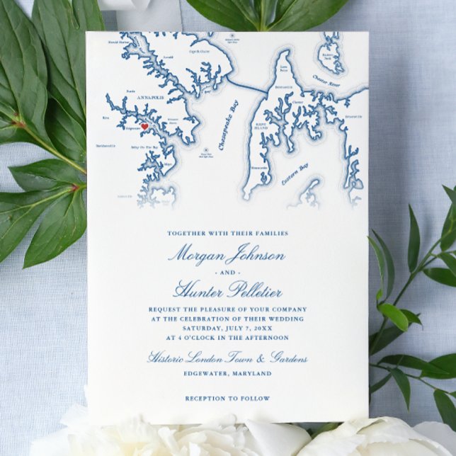 Invitation Mariage à Historic London Town Annapolis MD  (Historic London Town Wedding Invitation Annapolis MD Wedding in Navy Blue by Coastal Map Designs)